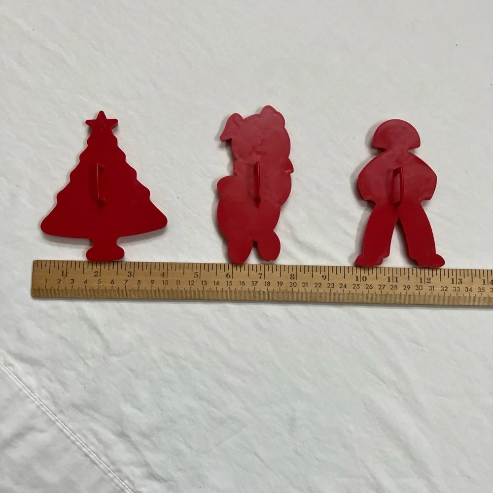 6 Cookie Cutters Red Plastic Vintage Pig Bunny Clown Turkey Flag Christmas Tree